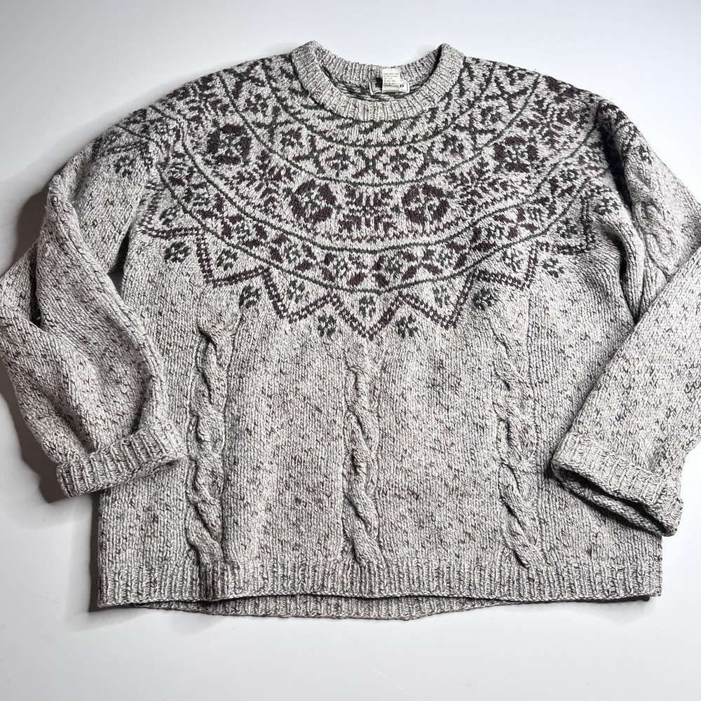 LL Bean Mens Fair Isle Wool Blend Sweater Large Grey Brown Cable Knit OP661